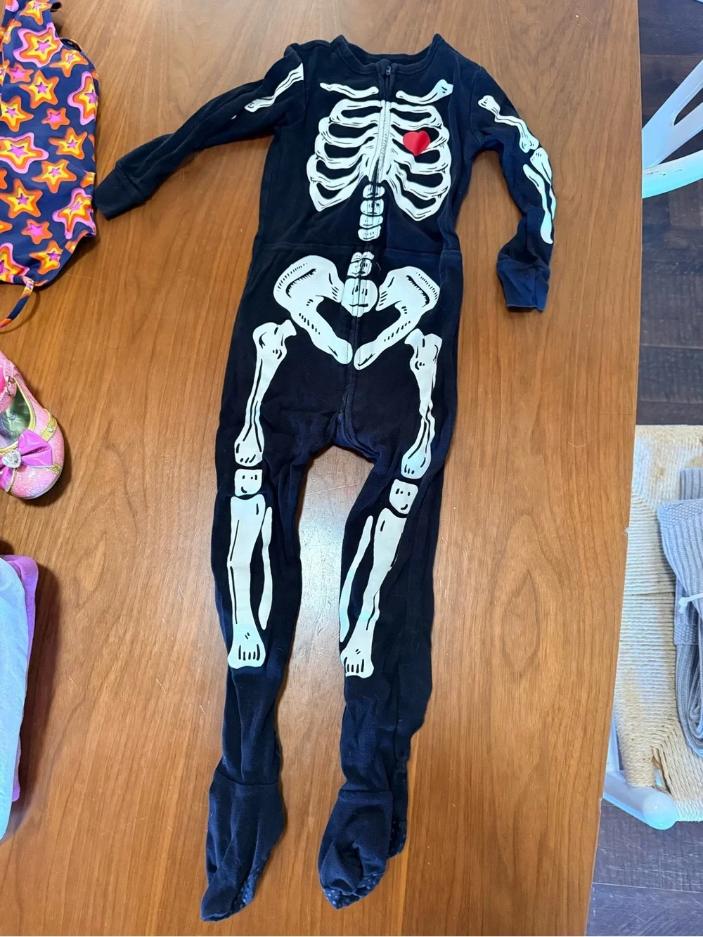Kids Black Skeleton One-Piece pajamas with Red Heart